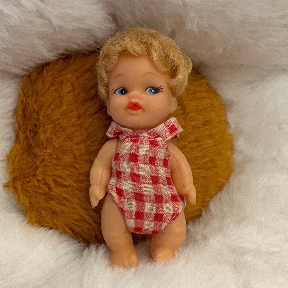Vintage Doll Blonde Red White Gingham Romper 1960's Hong Kong 4" (SKU: 211TO)
